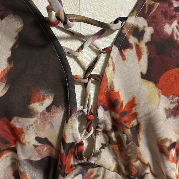 Boston proper women’s babydoll floral tunic blouse lace up V neck empire waist L - Picture 7 of 15